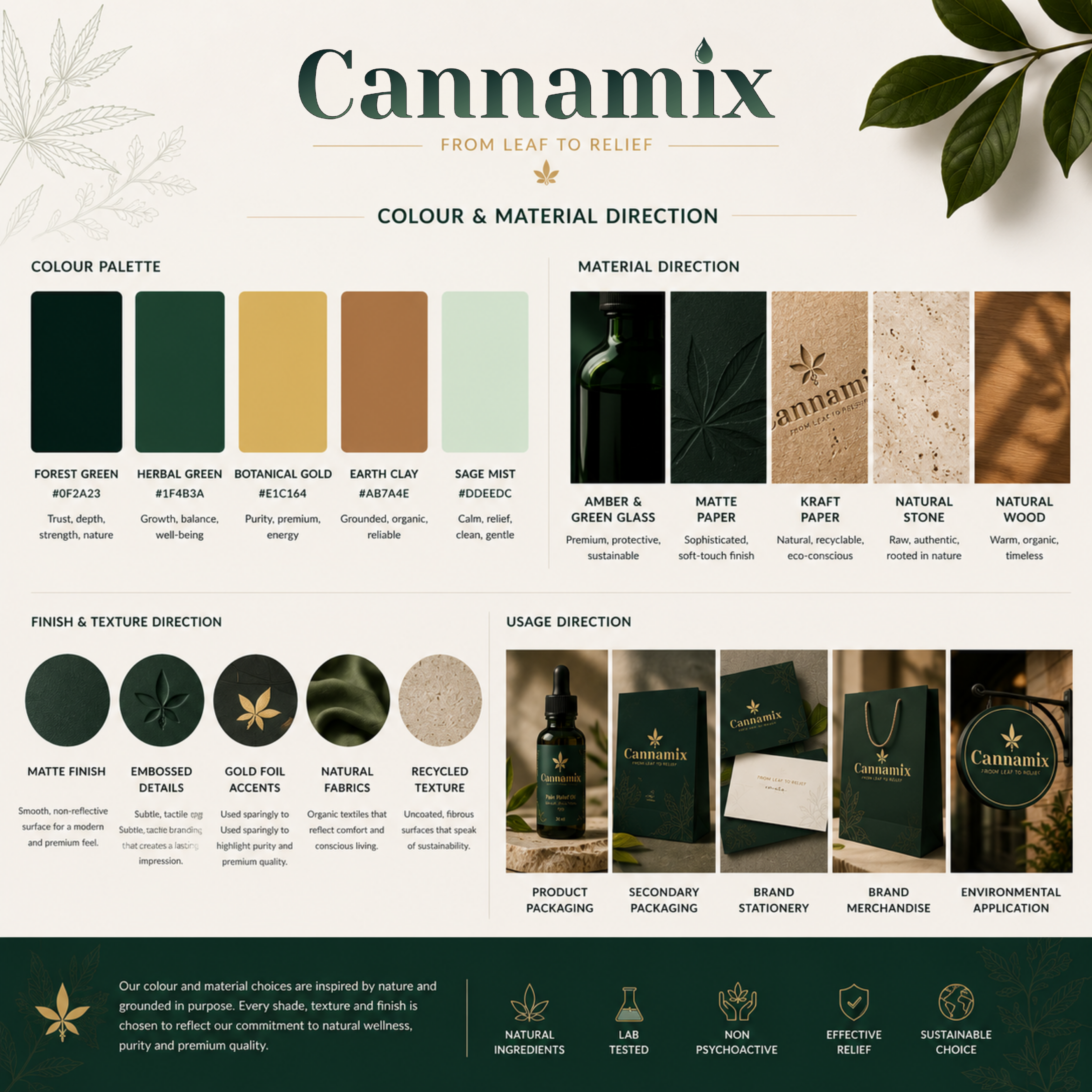 Cannamix colour and material direction — forest greens, botanical gold, kraft and glass