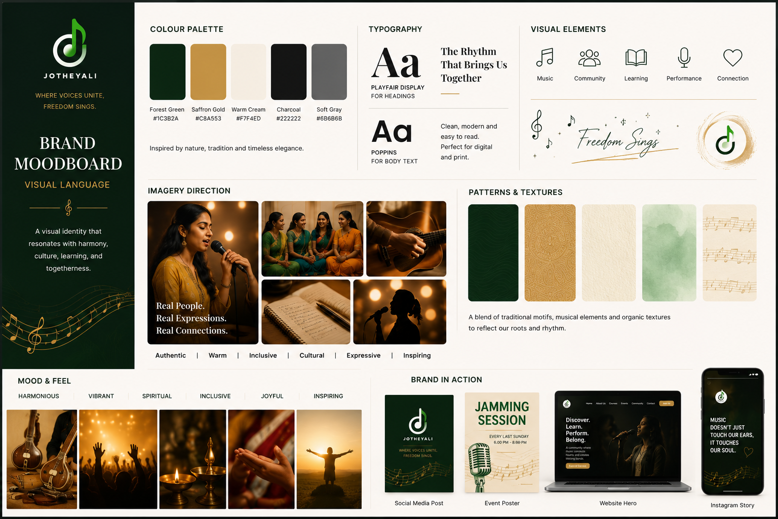 Jotheyali brand moodboard — palette, typography, imagery and patterns