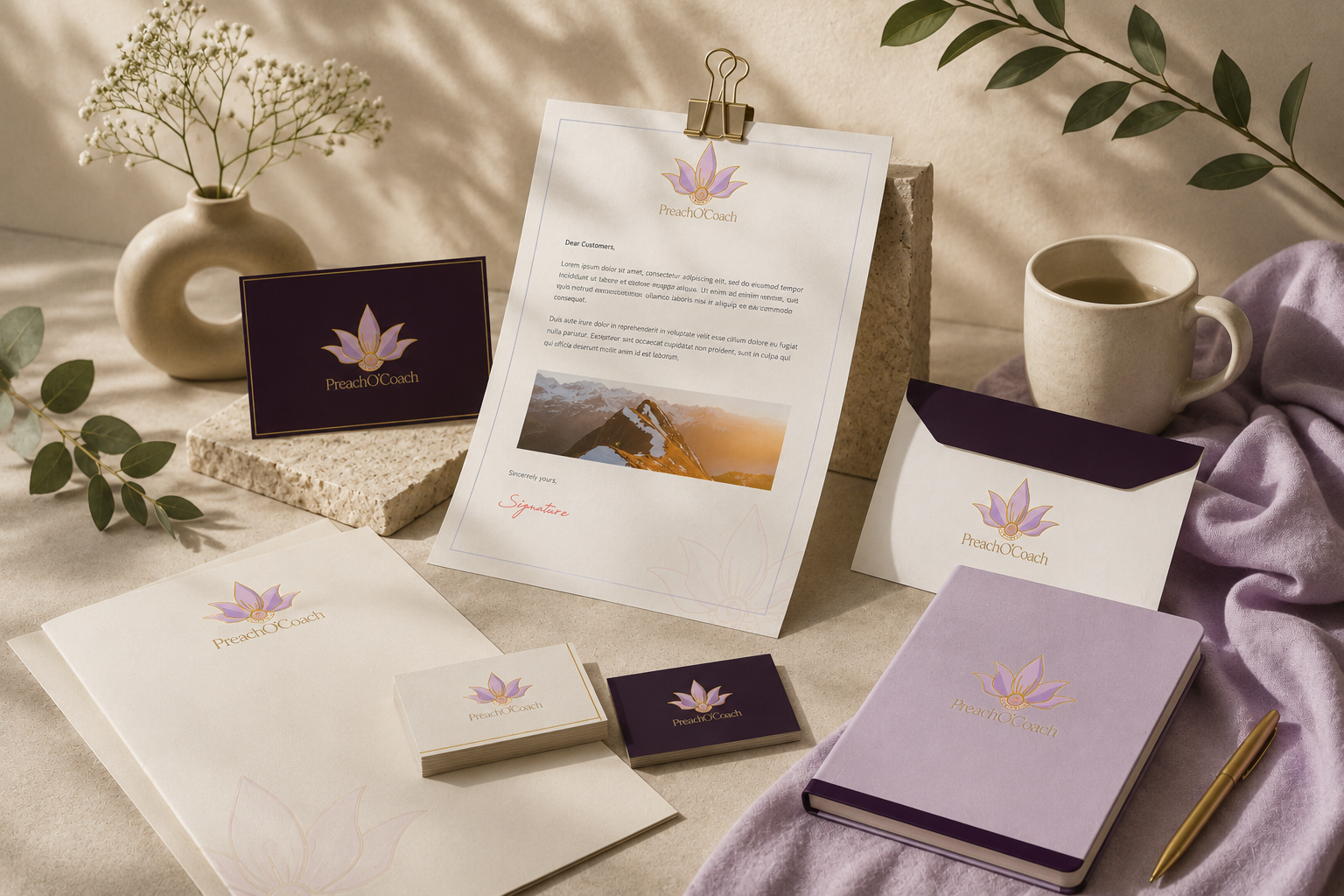 PreachOCoach stationery suite — letterhead, cards, envelope and notebook