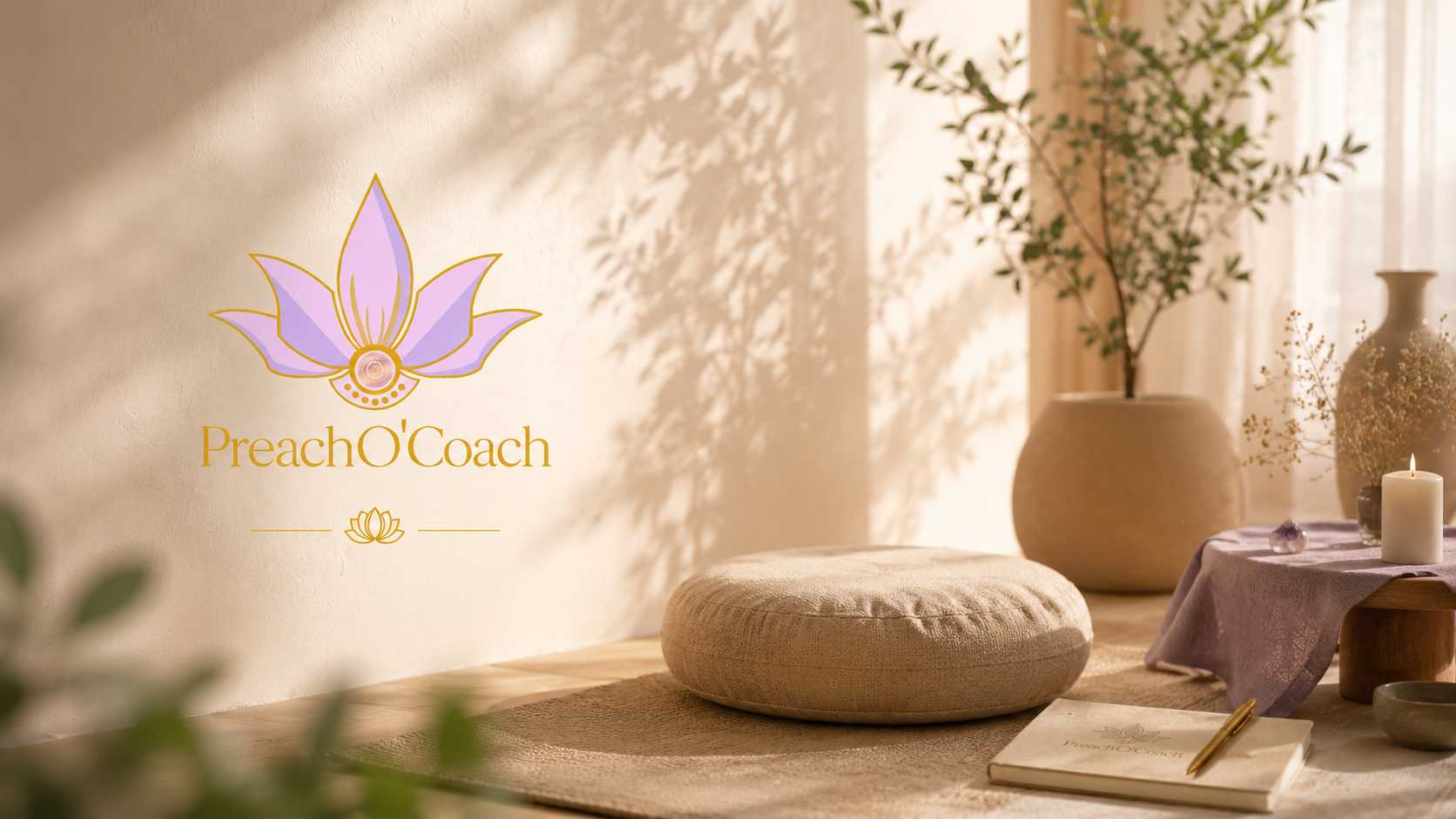 PreachOCoach logo painted on a calm meditation-room wall