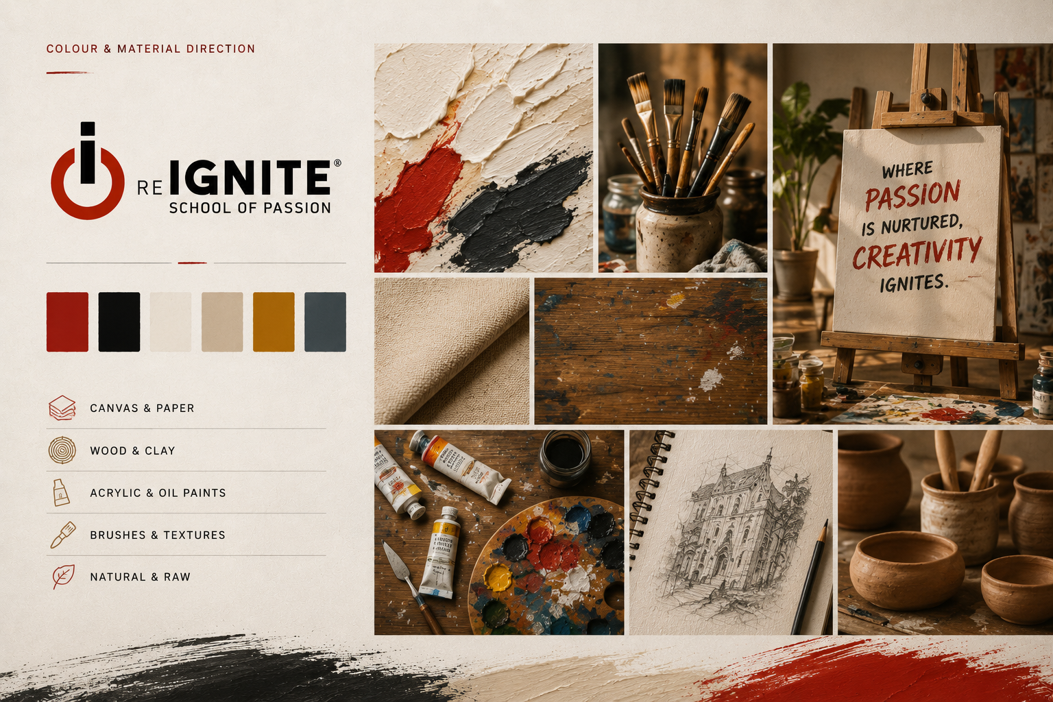 Reignite colour and material direction — canvas, paint, brush textures
