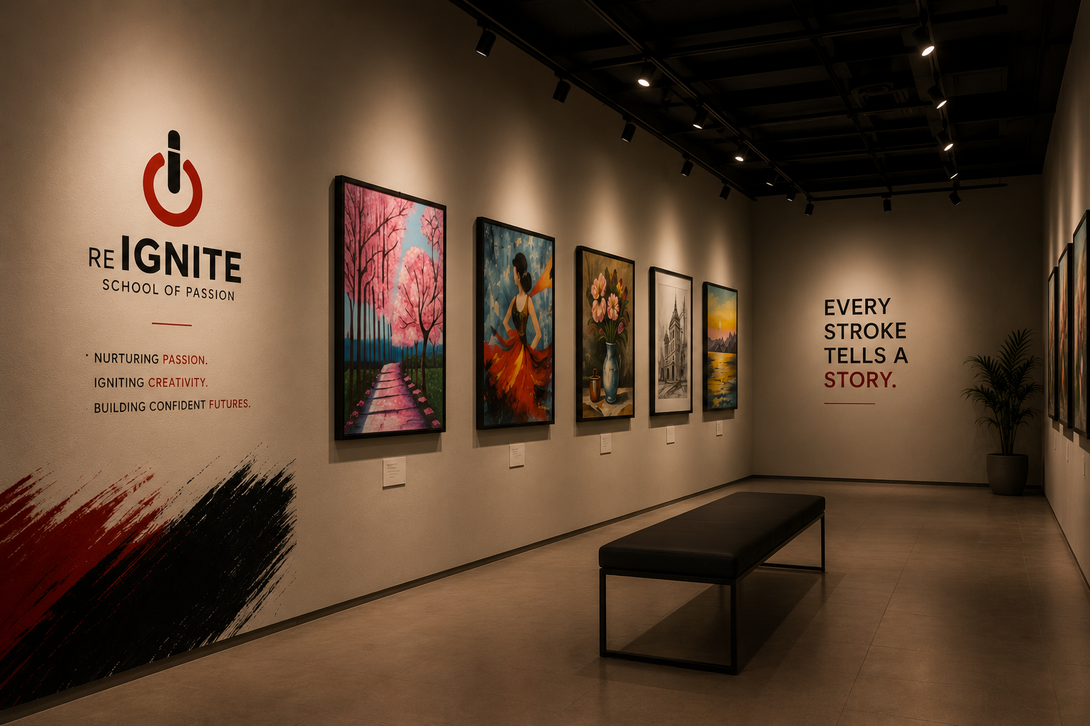 Reignite student exhibition — branded gallery wall with framed artwork