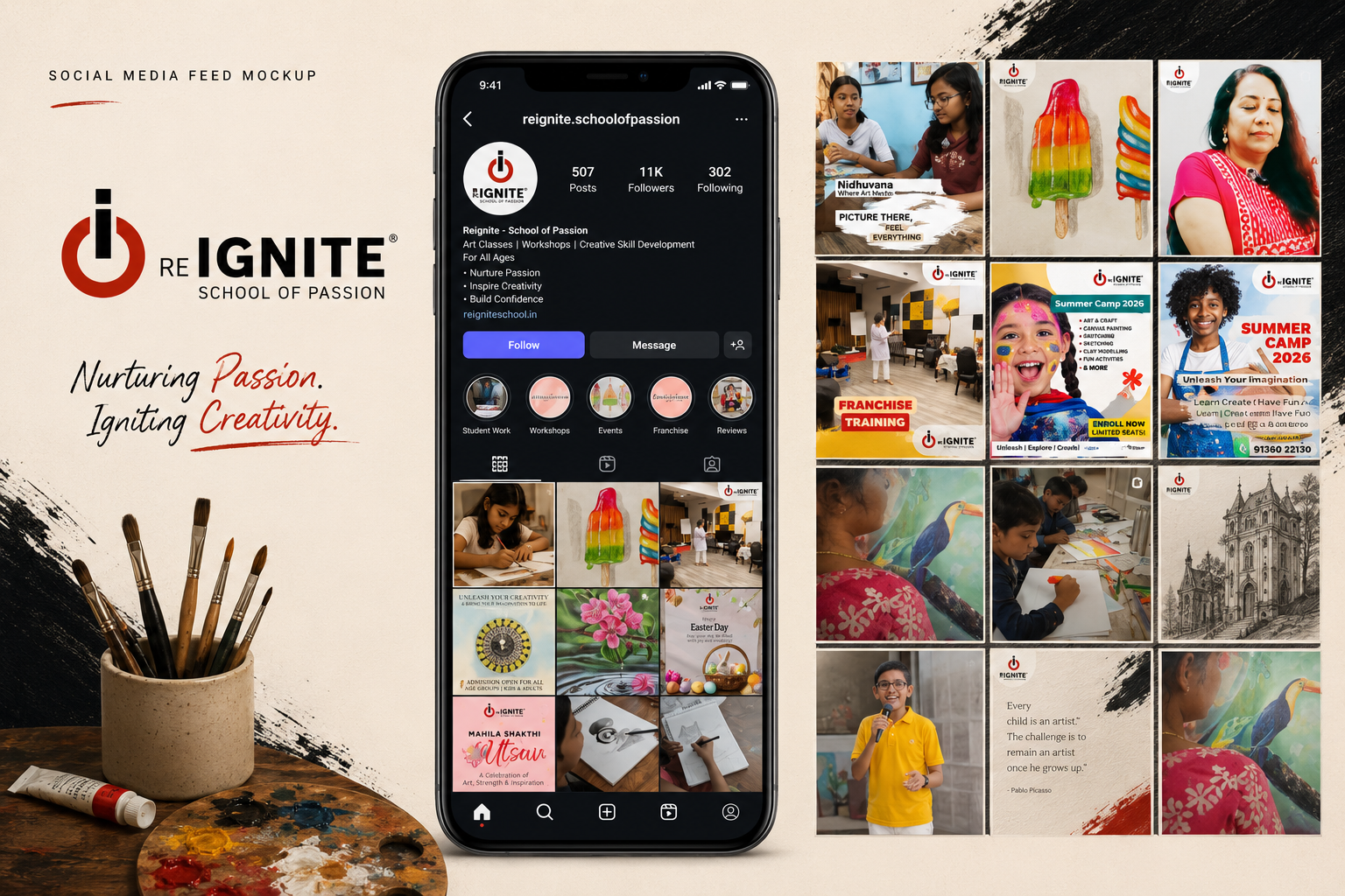 Reignite Instagram feed mockup — nurturing passion, igniting creativity