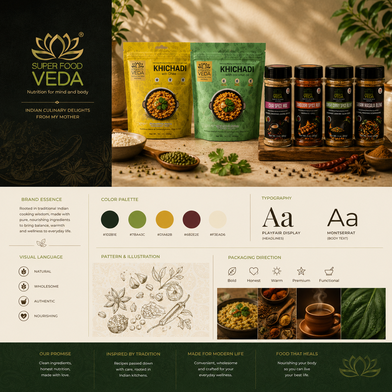SuperFoodVeda brand board — essence, palette, typography and packaging direction
