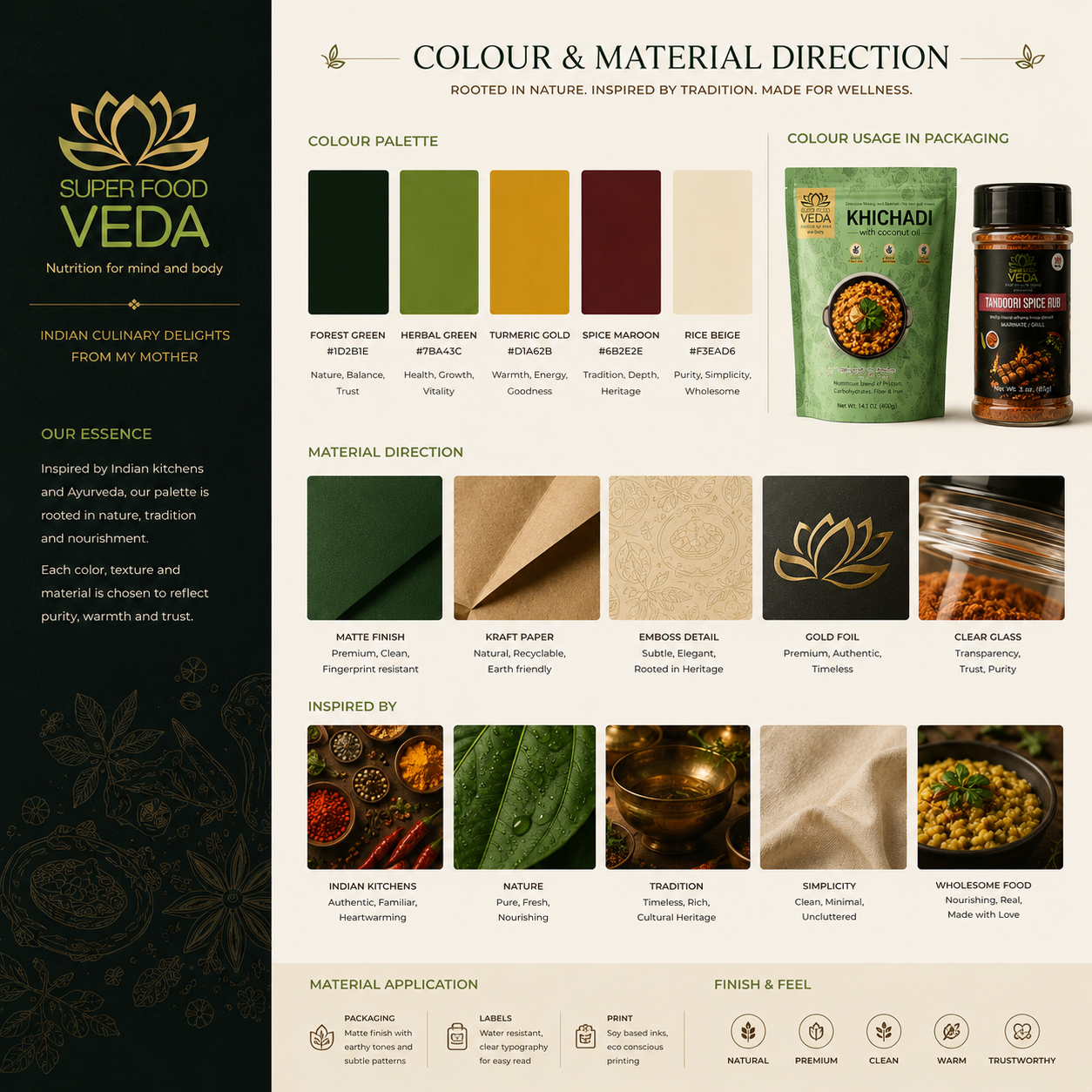 SuperFoodVeda colour and material direction — forest green, turmeric gold, kraft and glass